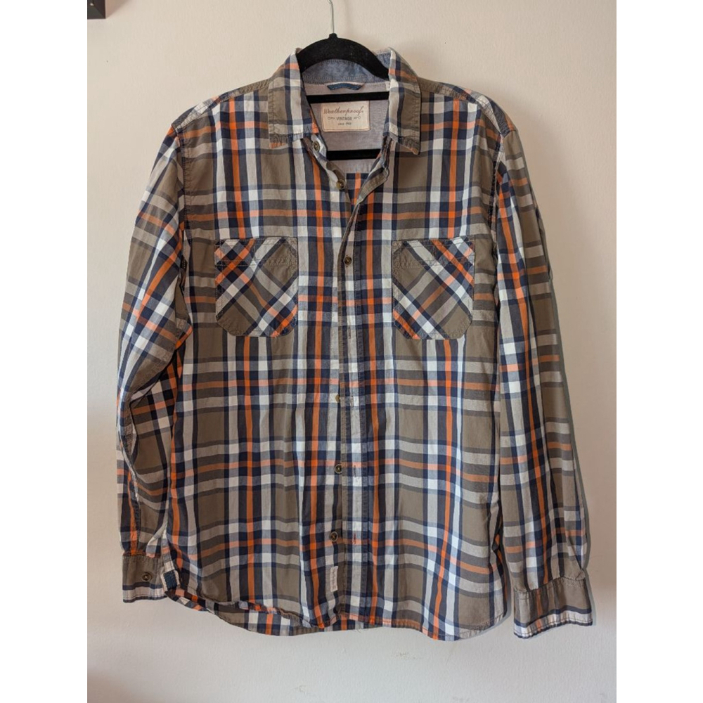 Weatherproof Plaid Casual Button Down Shirt Brown Orange M